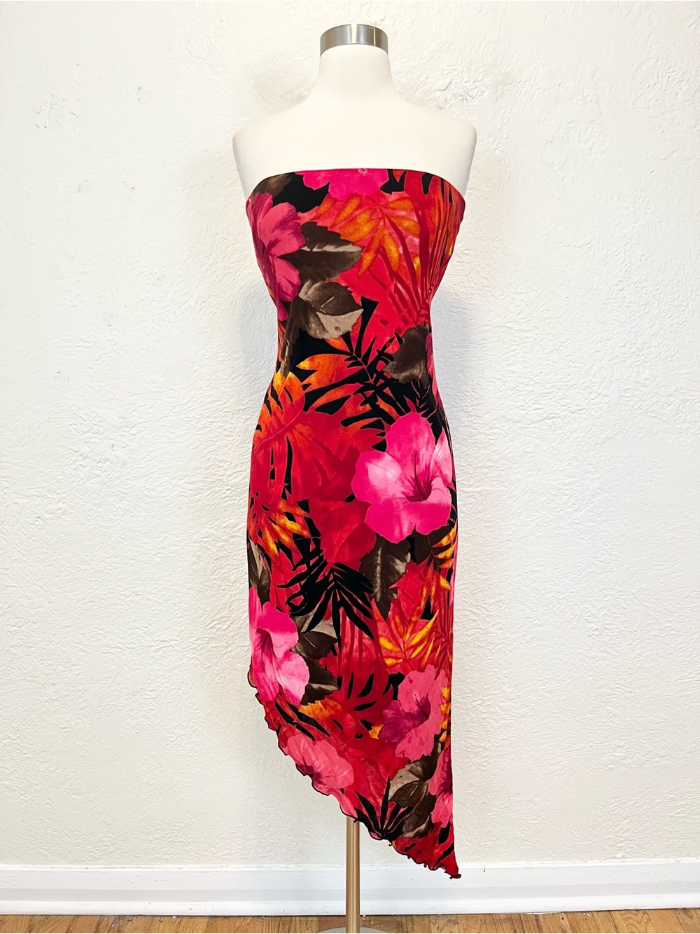 Vintage Y2K Cache Dress Red Pink Floral Mesh Asymmetric Hem 90s Medium M